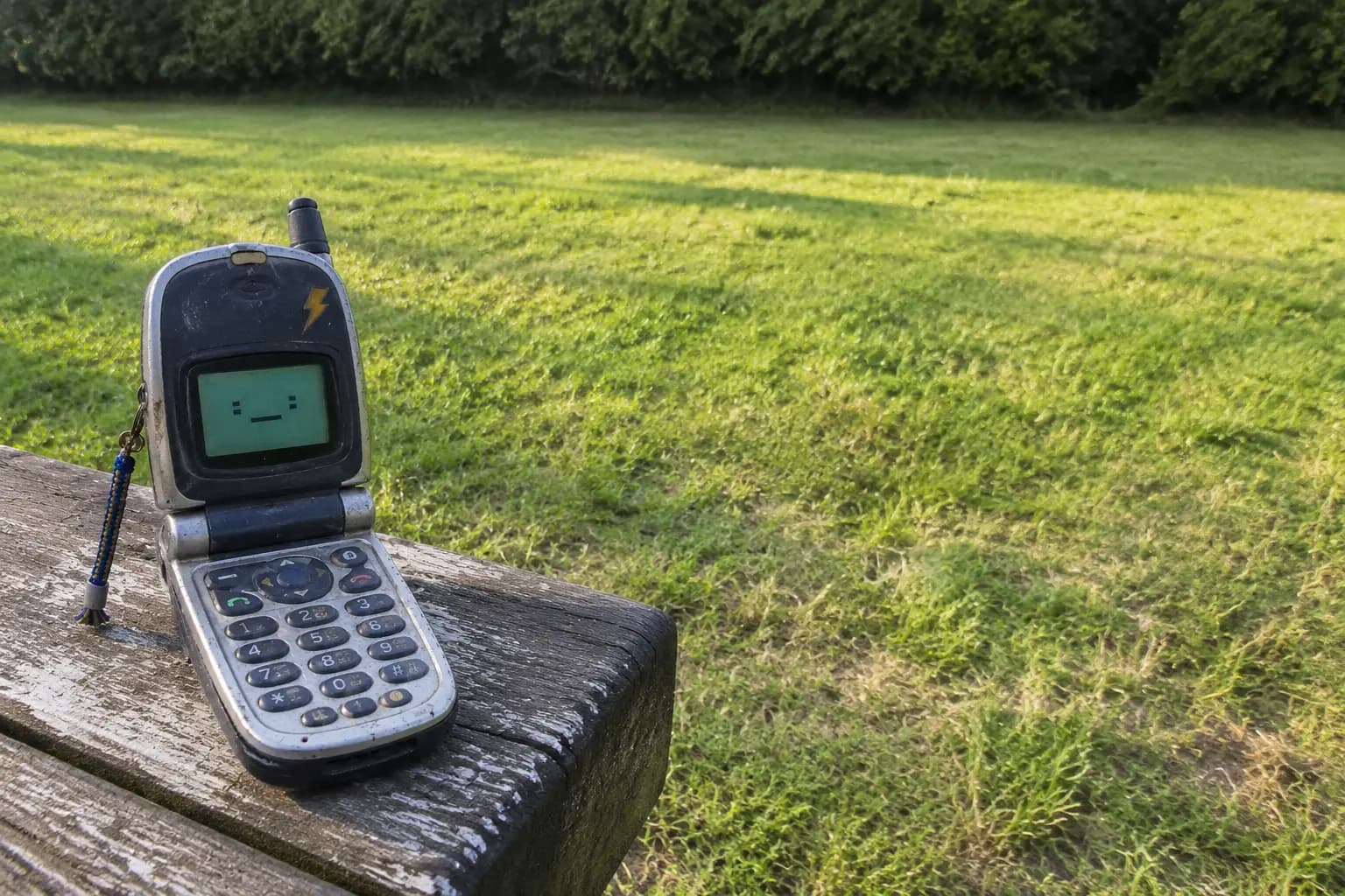 Clacky open on a weathered park bench beside an empty field.